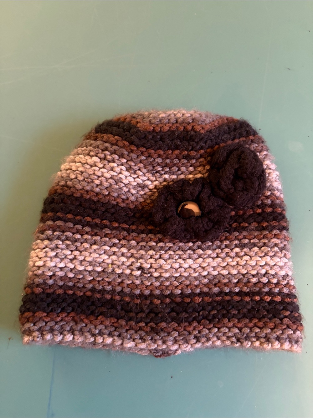 Women’s Striped Hand Knit Hat with Flower Accent - Brown & Cream.